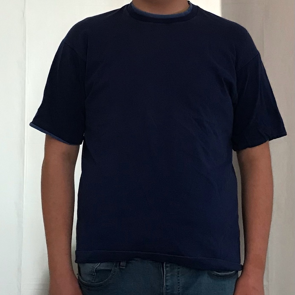 Vintage Munsingwear Double Neck Large T Shirt Made USA Blank Navy Blue 80s 90s